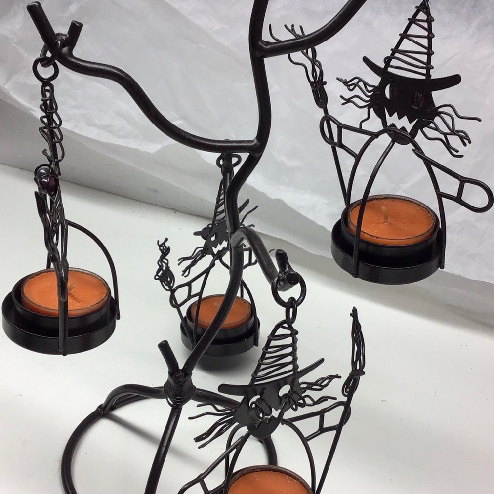 Halloween Black Metal Witch 4 Tea Light Holder w/ Candles